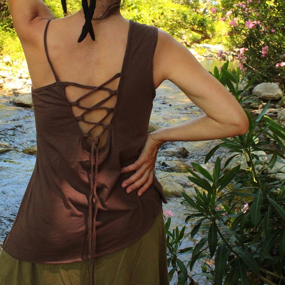 Hemp Organic Cotton - Brown Lace-Up Back Asymmetrical Women’s Tank Top